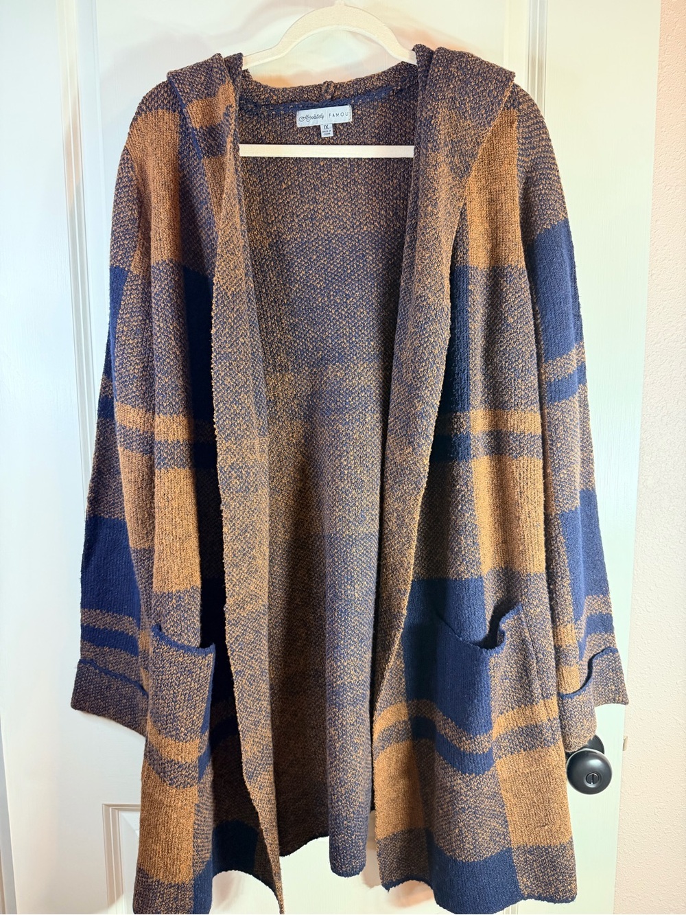 Absolutely Famous Navy Camel Plaid Hooded Duster Cardigan 1X